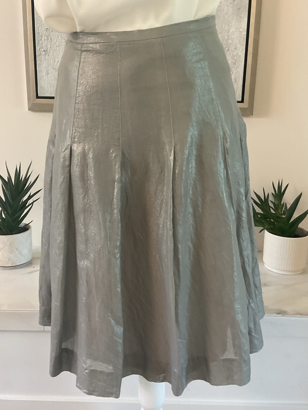 Crinkled Metallic Silk & Cotton Silver Midi Skirt with Pleated Flare.